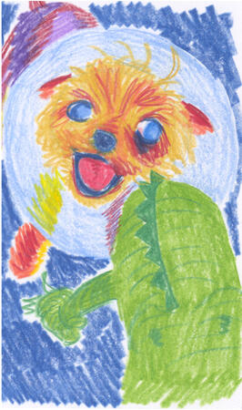 Colored pencil drawing of a yorkie in a cone mid-bark. There's a stuffed alligator in front of her