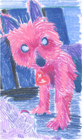 Colored pencil drawing of a yorkie standing in front of her toy. She's looking to the side at the camera.