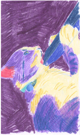 Colored pencil drawing of a cat chewing on the end of a Lord of the Rings replica sword.